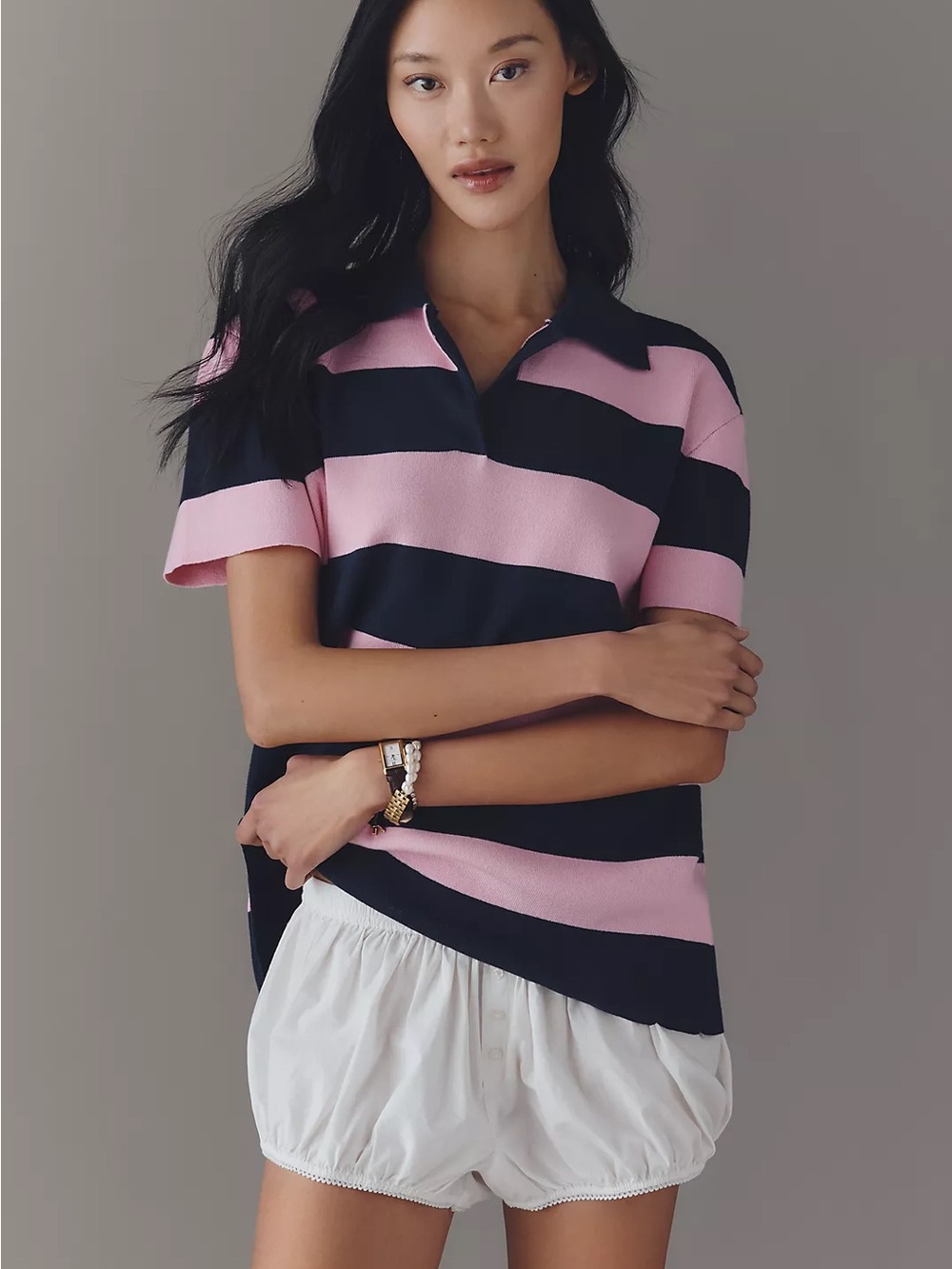 Maeve Pink and Navy Striped Polo Knit Top